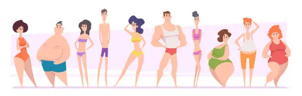 Vector illustration of Woman and man bodies. Adult girls and boys types of bodies shapes thin tall skinny fat exact vector illustrations people