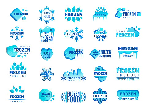 Frozen product symbol. Snow and winter snowflakes from ice stylized symbols for symbol design cold food temperatures recent vector templates collection set. Frozen product symbol and label for keep food
