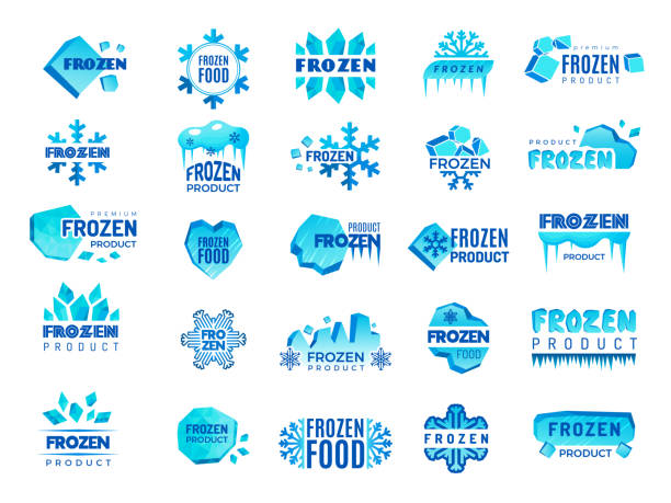 Frozen product symbol. Snow and winter snowflakes from ice stylized symbols for symbol design cold food temperatures recent vector templates collection set Frozen product symbol. Snow and winter snowflakes from ice stylized symbols for symbol design cold food temperatures recent vector templates collection set. Frozen product symbol and label for keep food keeping cool stock illustrations