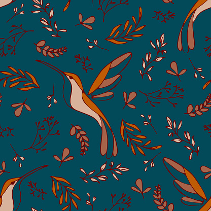Repeat vector pattern with romantic hummingbird on blue background. Vintage floral wallpaper design with tropical bird. Decorative elegance fashion textile.