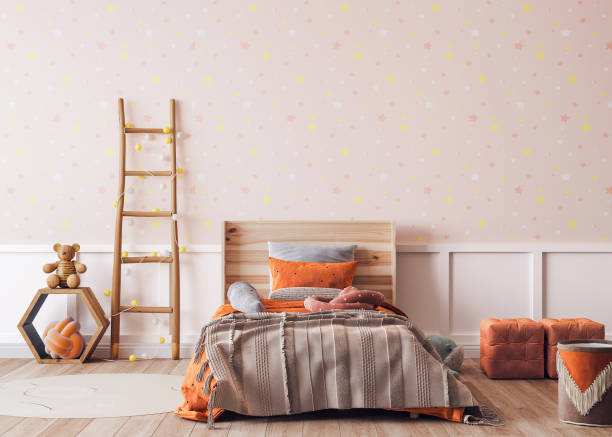 Orange wooden bedroom design, poster frame mockup