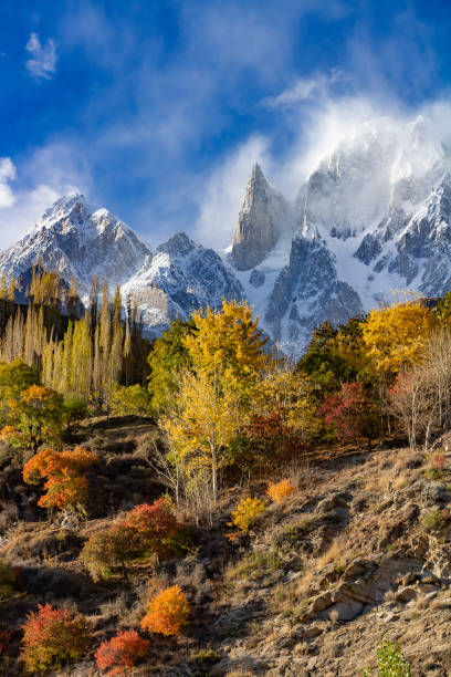 View of Ladyfinger rock with autumn beauty Ladyfinger rock in the backdrop is famous all around the world due to its unique formation the view is more delighted with autumn colours himalayas photos stock pictures, royalty-free photos & images