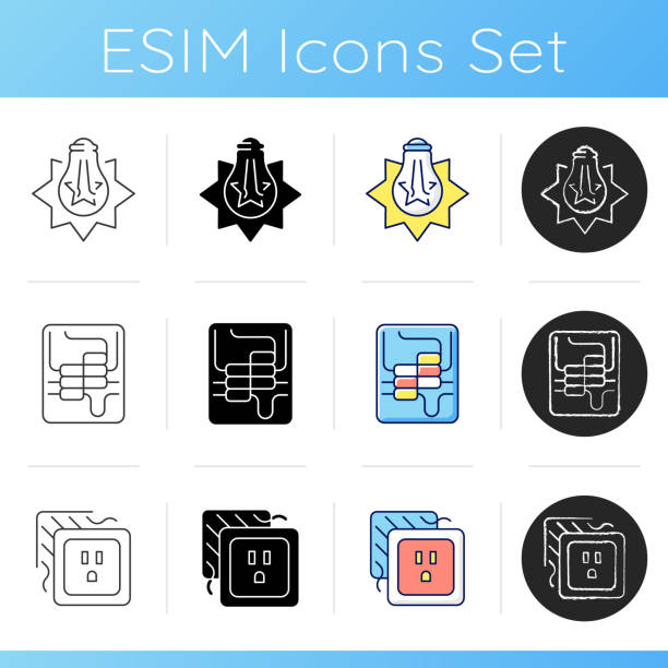 Electrician service icons set Electrician service icons set. Exploding light bulb. Loose outlet. Circuit breaker panel. Distribution board. Electricity disruption. Linear, black and RGB color styles. Isolated vector illustrations electrical fuse drawing stock illustrations