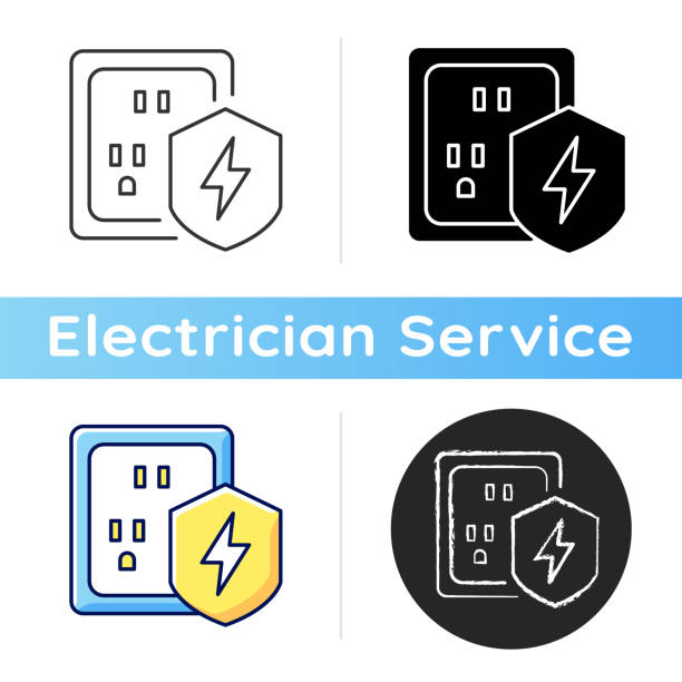 Surge protection icon Surge protection icon. Electrical installation protection. Voltage spikes risk prevention. Equipment safety in household. Linear black and RGB color styles. Isolated vector illustrations electrical fuse drawing stock illustrations