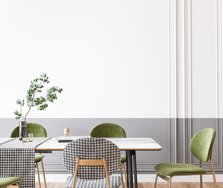 Interior design of modern dining room with green furniture, black and white table, contemporary style, 3d render