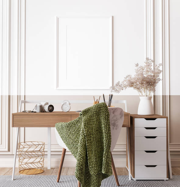 mock up poster frame on white wall in modern interior background, wooden office