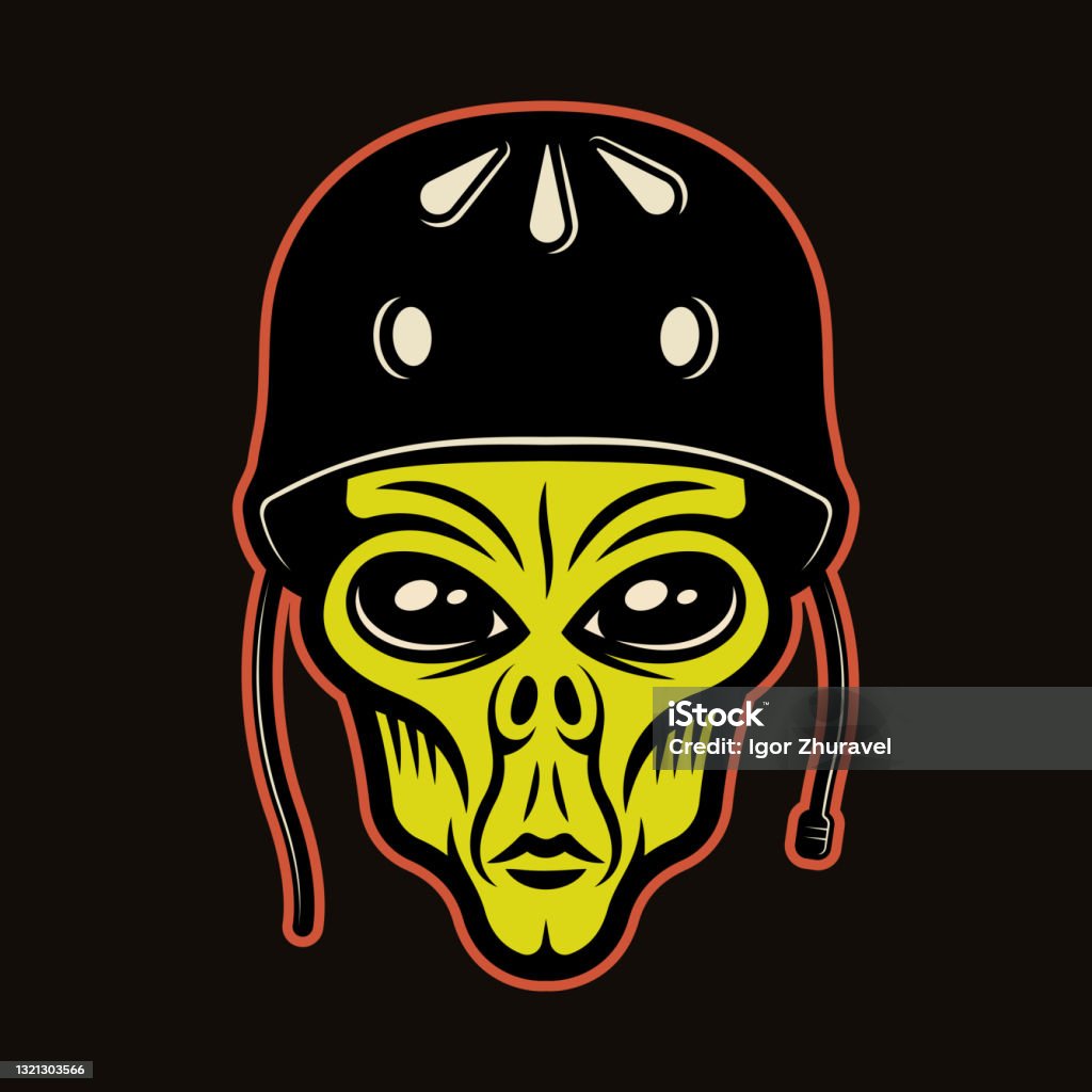 Alien Head In Protective Helmet For Skateboarding Character Colorful ...