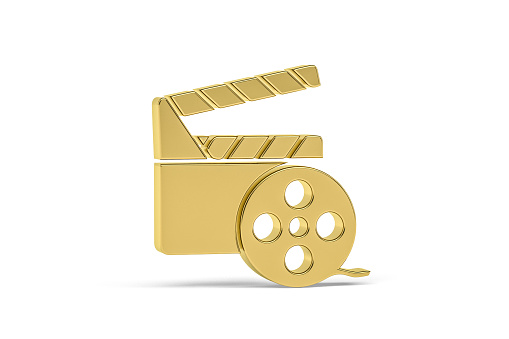 Golden 3d movie icon isolated on white background - 3D render