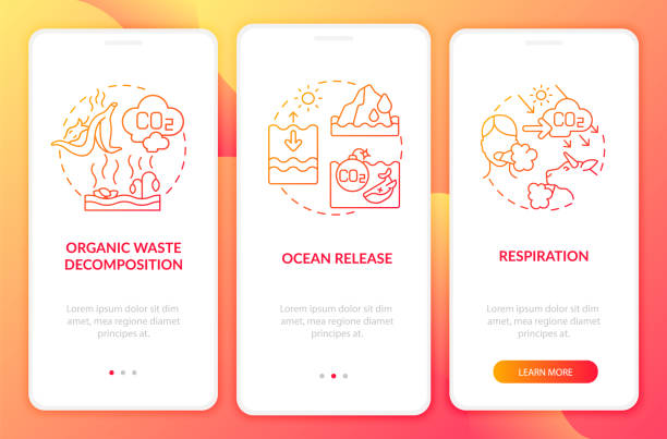 Natural CO2 emissions causes onboarding mobile app page screen with concepts Natural CO2 emissions causes onboarding mobile app page screen with concepts. Respiration process walkthrough 3 steps graphic instructions. UI, UX, GUI vector template with linear color illustrations carbon-emissions stock illustrations