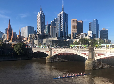 Melbourne city skyline against a beautiful blue sky.
