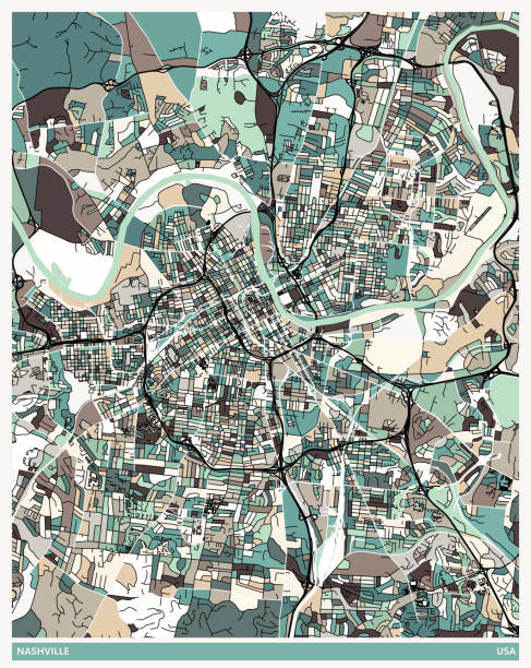 ilustrações, clipart, desenhos animados e ícones de mapa estilo ilustração de arte, cidade de nashville, eua - 11917