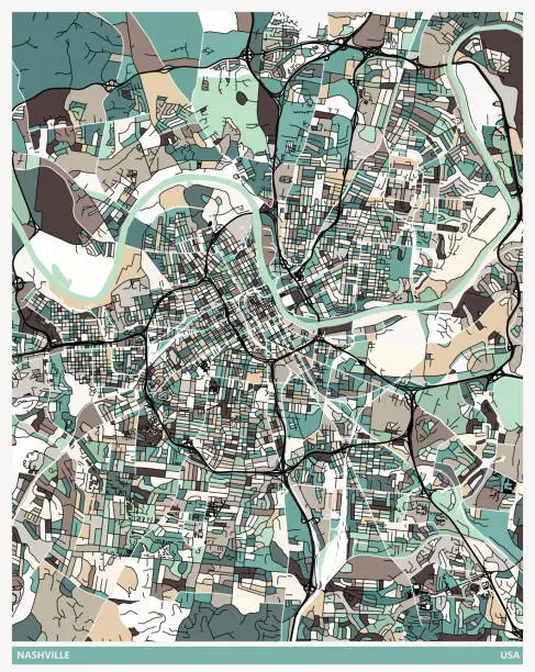 Vector illustration of art illustration style map,Nashville city,USA
