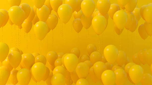 Festive orange yellow background with balloons with shiny white confetti. Happy birthday, valentine, wedding invitation poster