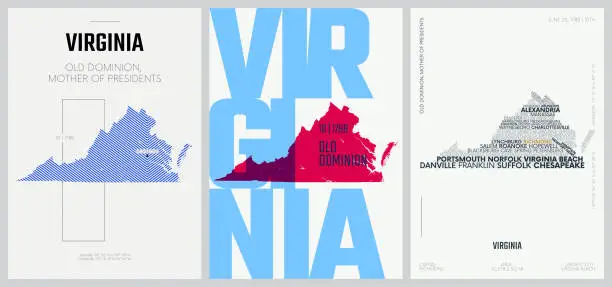 Vector illustration of 10 of 50 sets, US State Posters with name and Information in 3 Design Styles, Detailed vector art print Virginia map