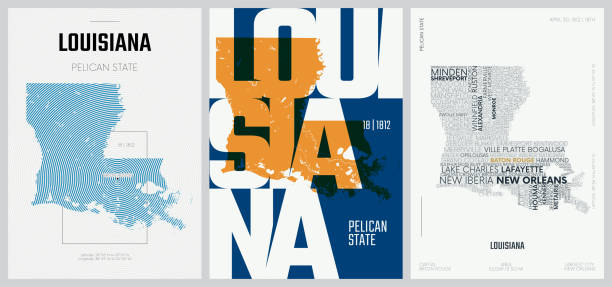 18 of 50 sets, US State Posters with name and Information in 3 Design Styles, Detailed vector art print Louisiana map 18 of 50 sets, US State Posters with name and Information in 3 Design Styles, Detailed vector art print Louisiana map louisiana stock illustrations