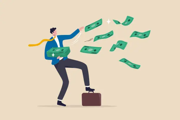 Vector illustration of Success and wealthy fortune entrepreneur, investment profit and earning, FED stimulus monetary policy concept, happy businessman millionaire throw out pile of money banknotes flying into the air.