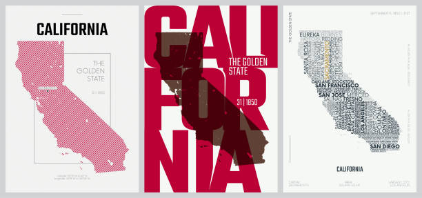 illustrazioni stock, clip art, cartoni animati e icone di tendenza di 31 di 50 set, manifesti statali degli stati uniti con nome e informazioni in 3 stili di design, stampa vettoriale dettagliata mappa della california - map san francisco bay area san francisco county california