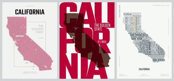 50 setin 31'i, 3 tasarım stilinde ad ve bilgi içeren abd devlet posterleri, ayrıntılı vektör sanatı baskı kaliforniya haritası - kaliforniya illüstrasyonlar stock illustrations