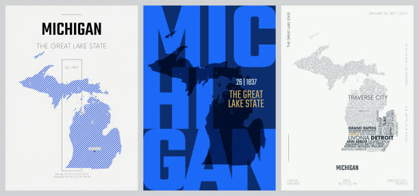 illustrations, cliparts, dessins animés et icônes de 26 des 50 ensembles, affiches de l’état américain avec nom et informations dans 3 styles de conception, impression d’art vectoriel détaillée carte du michigan - michigan