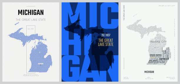 26 of 50 sets, US State Posters with name and Information in 3 Design Styles, Detailed vector art print Michigan map 26 of 50 sets, US State Posters with name and Information in 3 Design Styles, Detailed vector art print Michigan map great lakes stock illustrations