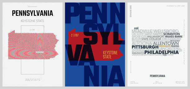 2 of 50 sets, US State Posters with name and Information in 3 Design Styles, Detailed vector art print Pennsylvania map 2 of 50 sets, US State Posters with name and Information in 3 Design Styles, Detailed vector art print Pennsylvania map philadelphia aerial stock illustrations