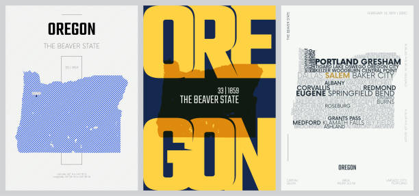 33 of 50 sets, US State Posters with name and Information in 3 Design Styles, Detailed vector art print Oregon map