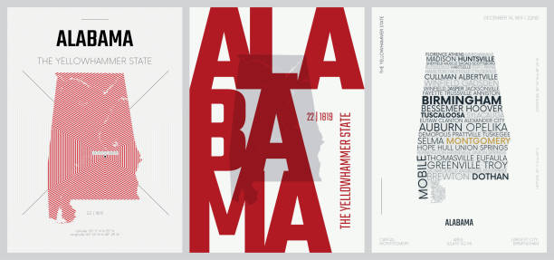 22 из 50 наборов, сша государственные плакаты с именем и информацией в 3 дизайн стилей, подробный вектор искусства печати алабама карта - alabama stock illustrations