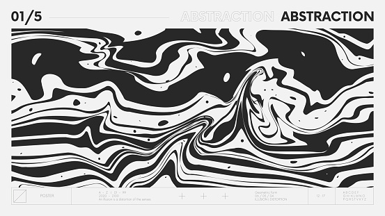 Abstract modern geometric banner with simple shapes in black and white colors, graphic composition design vector background, flowing paint stains, monochrome gasoline streaks or marble pattern