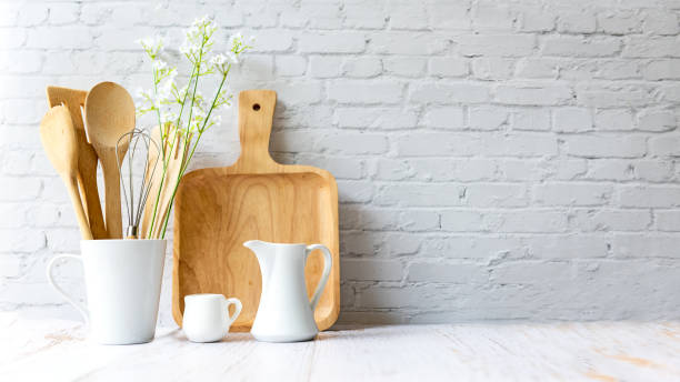 istock Kitchen tools and kitchenware utensil object on kitchen shelf wood white for healthy eat and health care life. 1321306813