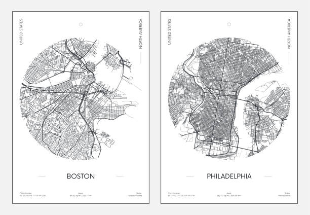 Travel poster, urban street plan city map Boston and Philadelphia, vector illustration Travel poster, urban street plan city map Boston and Philadelphia, vector illustration philadelphia stock illustrations