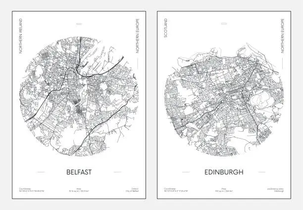 Vector illustration of Travel poster, urban street plan city map Belfast and Edinburgh, vector illustration