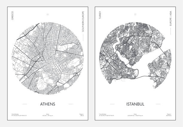 stockillustraties, clipart, cartoons en iconen met de affiche van de reis, stedelijke stadskaart athene en istanboel van het stratenplan, vectorillustratie - athens