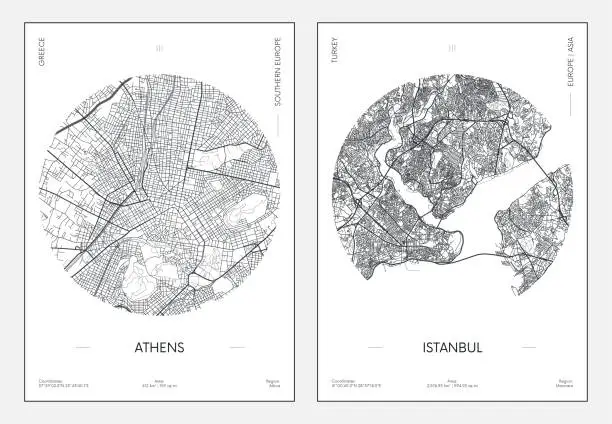 Vector illustration of Travel poster, urban street plan city map Athens and Istanbul, vector illustration