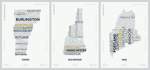 도시 이름의 타이포그래피 구성, 미국 주의 실루엣지도, 벡터 상세한 포스터, 디비전 뉴 잉글랜드 - 버몬트, 뉴 햄프셔, 메인 - 1중 1의 세트 - manchester city stock illustrations