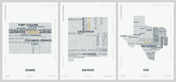 typografia skład nazw miast, sylwetki mapy stanów ameryki, wektor szczegółowe plakaty, division mountain i west south central - colorado, nowy meksyk, teksas - zestaw 13 z 17 - new mexico map counties county stock illustrations