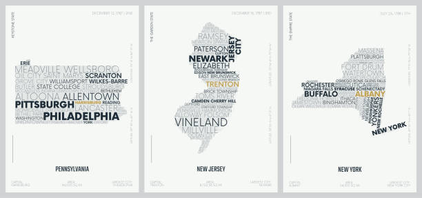 Typography composition of city names, silhouettes maps of the states of America, vector detailed posters, Division Mid-Atlantic - Pennsylvania, New Jersey, New York - set 3 of 17 Typography composition of city names, silhouettes maps of the states of America, vector detailed posters, Division Mid-Atlantic - Pennsylvania, New Jersey, New York - set 3 of 17 philadelphia aerial stock illustrations