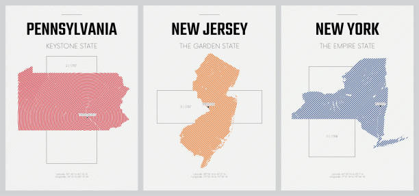 Vector posters detailed silhouettes maps of the states of America with abstract linear pattern, Division Mid-Atlantic - Pennsylvania, New Jersey, New York - set 3 of 17 Vector posters detailed silhouettes maps of the states of America with abstract linear pattern, Division Mid-Atlantic - Pennsylvania, New Jersey, New York - set 3 of 17 philadelphia aerial stock illustrations