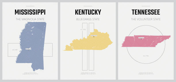 ベクトルポスター詳細シルエットは、抽象的な線形パターンを持つアメリカの州の地図、ディビジョンイーストサウスセントラル - ミシシッピ州、ケンタッキー州、テネシー州 - セット11の17 - tennessee map usa nashville点のイラスト素材／クリップアート素材／マンガ素材／アイコン素材