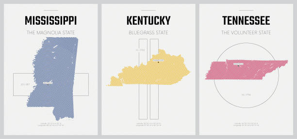 ilustrações de stock, clip art, desenhos animados e ícones de vector posters detailed silhouettes maps of the states of america with abstract linear pattern, division east south central - mississippi, kentucky, tennessee - set 11 of 17 - tennessee map usa nashville