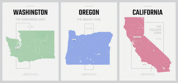 illustrazioni stock, clip art, cartoni animati e icone di tendenza di poster vettoriali mappe di sagome dettagliate degli stati d'america con motivo lineare astratto, division pacific - washington, oregon, california - set 16 di 17 - map san francisco bay area san francisco county california