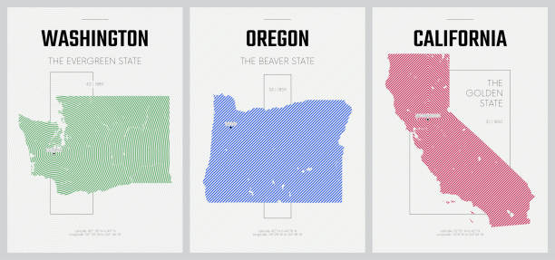 ベクトルポスター詳細シルエットは、抽象的な線形パターンを持つアメリカの州の地図、ディビジョンパシフィック - ワシントン、オレゴン、カリフォルニア - 17のセット16 - washington state state map outline点のイラスト素材／クリップアート素材／マンガ素材／アイコン素材