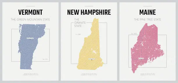 Vector illustration of Vector posters detailed silhouettes maps of the states of America with abstract linear pattern, Division New England - Vermont, New Hampshire, Maine - set 1 of 17