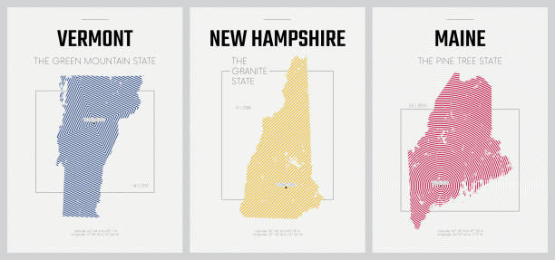 向量海報詳細剪影地圖的美國各州與抽象的線性圖案，司新英格蘭 - 佛蒙特州，新罕布希爾州，緬因州 - 設置1的17 - manchester united 幅插畫檔、美工圖案、卡通及圖標