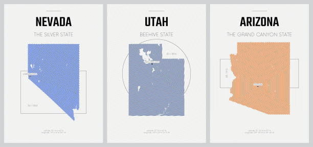 illustrazioni stock, clip art, cartoni animati e icone di tendenza di poster vettoriali mappe di sagome dettagliate degli stati d'america con motivo lineare astratto, division mountain - nevada, utah, arizona - set 14 di 17 - salt lake city illustrations