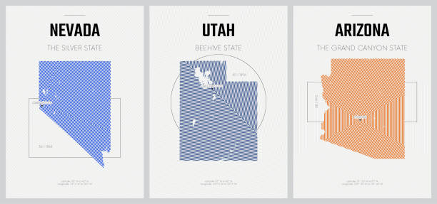 ilustrações de stock, clip art, desenhos animados e ícones de vector posters detailed silhouettes maps of the states of america with abstract linear pattern, division mountain - nevada, utah, arizona - set 14 of 17 - utah map state usa