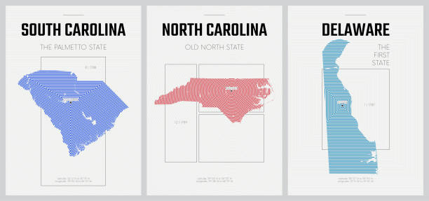 векторные плакаты подробные силуэты карты штатов америки с абстрактным линейным рисунком, отдел южная атлантика - южная каролина, северная - south carolina map cartography state stock illustrations