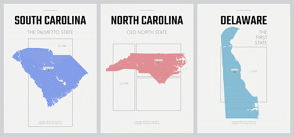 Vector posters detailed silhouettes maps of the states of America with abstract linear pattern, Division South Atlantic - South Carolina, North Carolina, Delaware - set 9 of 17