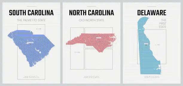 Vector illustration of Vector posters detailed silhouettes maps of the states of America with abstract linear pattern, Division South Atlantic - South Carolina, North Carolina, Delaware - set 9 of 17