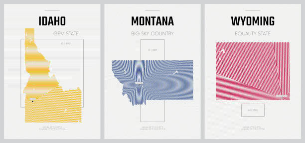 ilustrações de stock, clip art, desenhos animados e ícones de vector posters detailed silhouettes maps of the states of america with abstract linear pattern, division mountain - idaho, montana, wyoming - set 15 of 17 - wyoming map county counties
