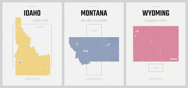 векторные плакаты подробные силуэты карты штатов америки с абстрактным линейным рисунком, отдел горы - айдахо, монтана, вайоминг - набор 15 и� - idaho boise map cartography stock illustrations